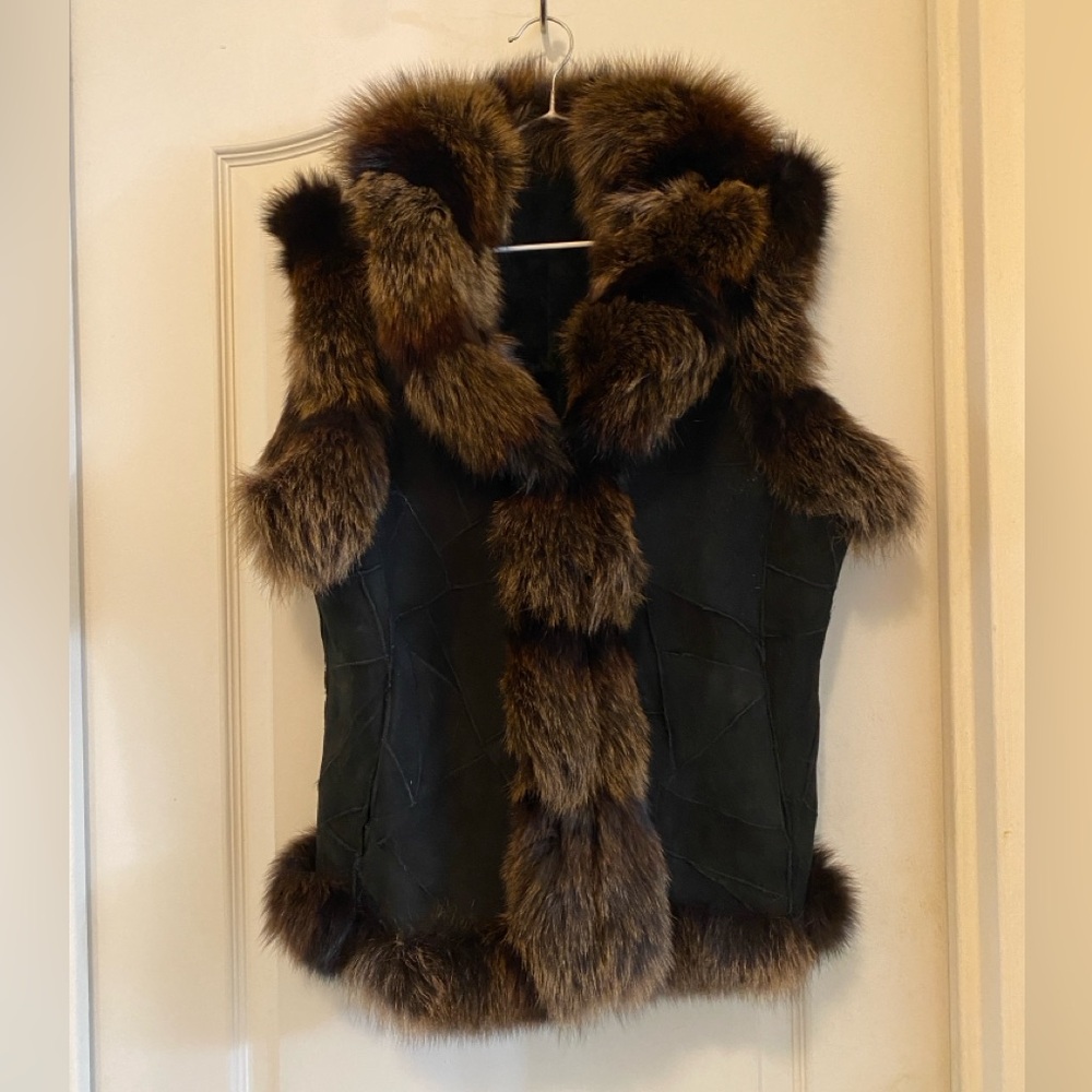 NWT Belle Fare black/brown real fox fur vest size L